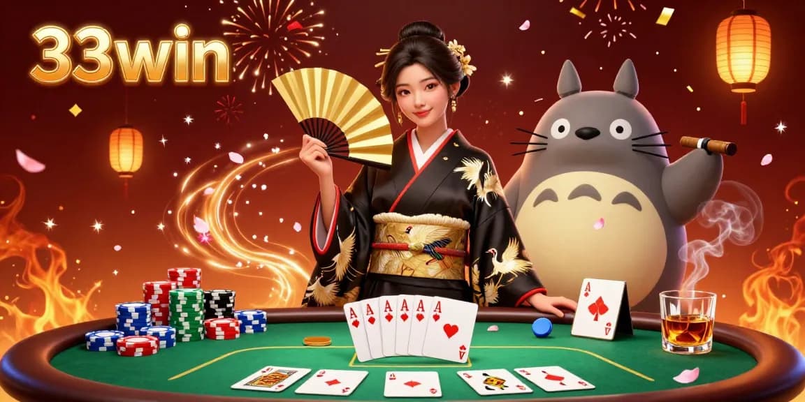 Experience the excitement of 33win with a vibrant 3D casino illustration showcasing poker, luxury, and tradition.