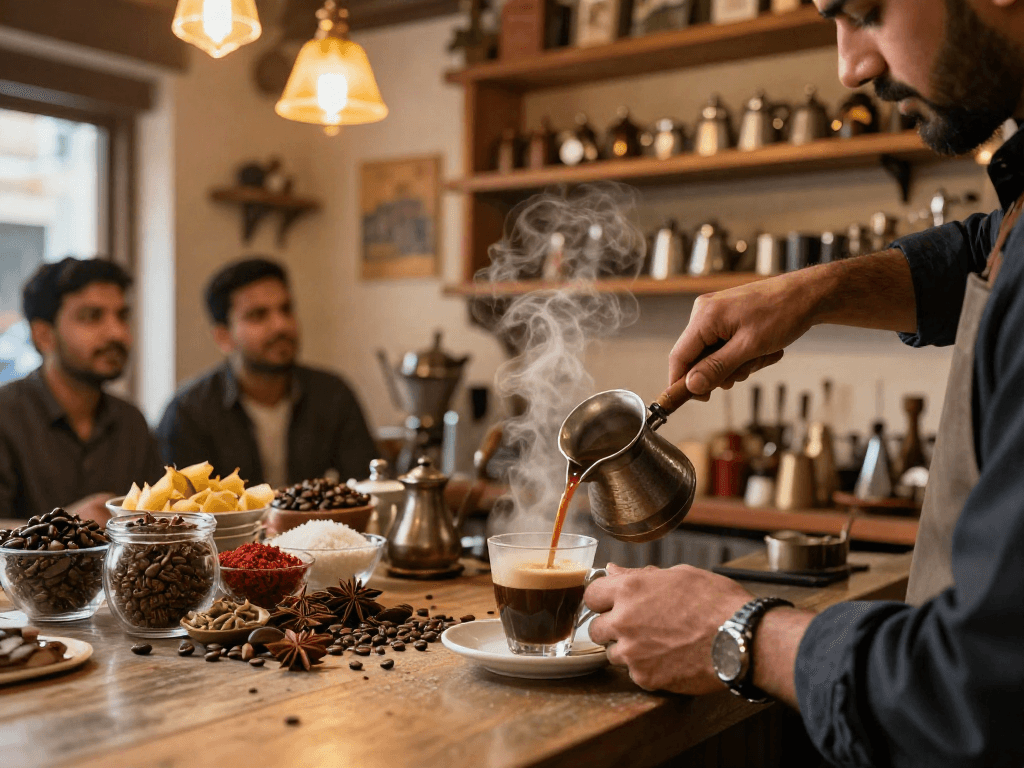 مشهد مقهى تقليدي حيث يقوم الباريستا بإعداد قھوجي أمام الزبائن بأجواء دافئة.