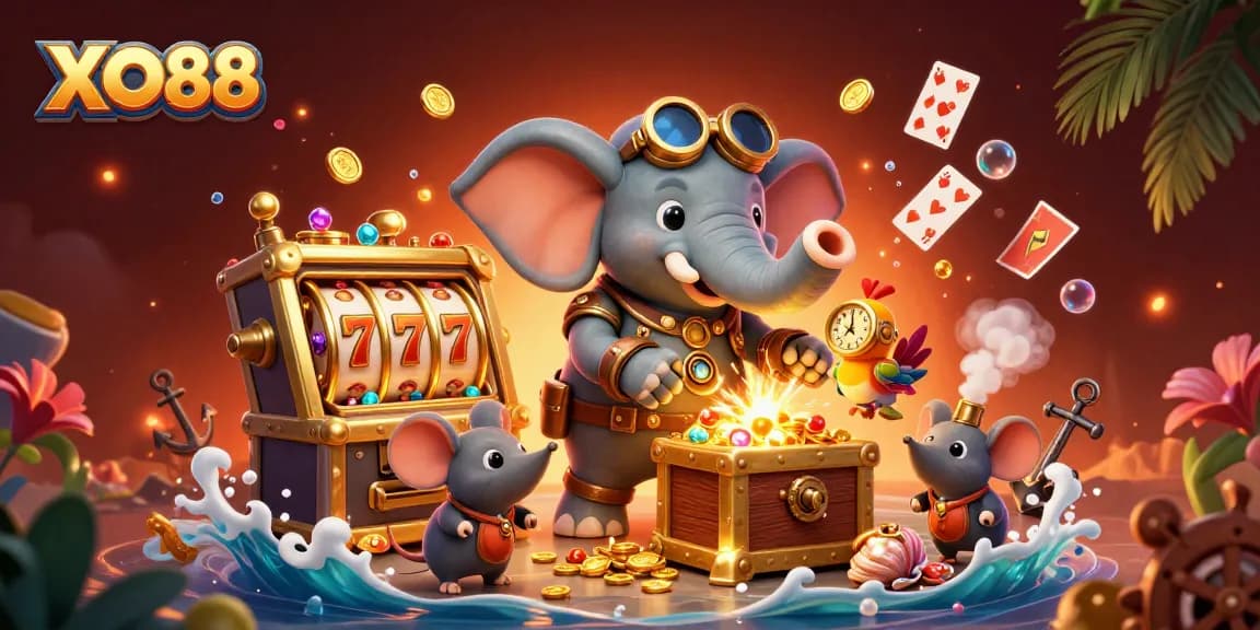 Spin to win at XO88 with a vibrant 3D steampunk casino scene featuring interactive gaming elements.