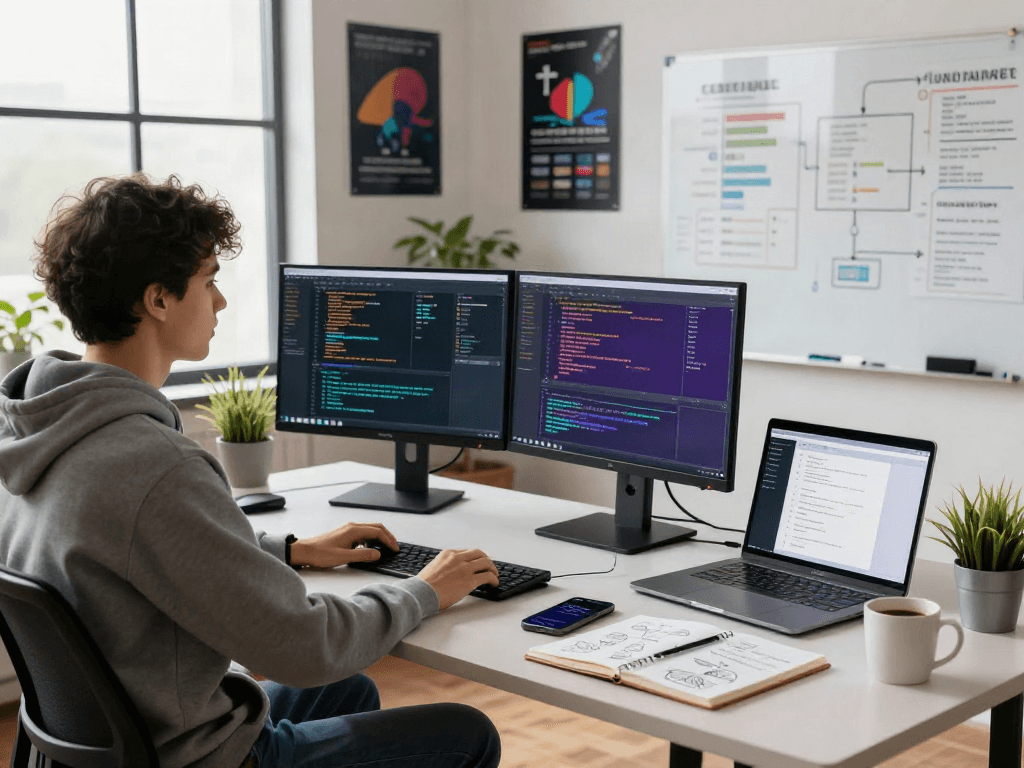 Software developer coding on dual monitors and laptop showcasing pikashow app designs in a vibrant tech workspace.