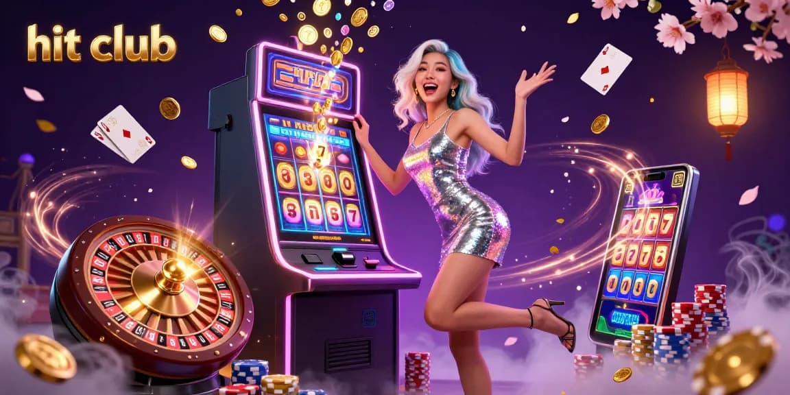 Experience the thrill of hit club at a vibrant casino scene with a jackpot-winning Asian woman.