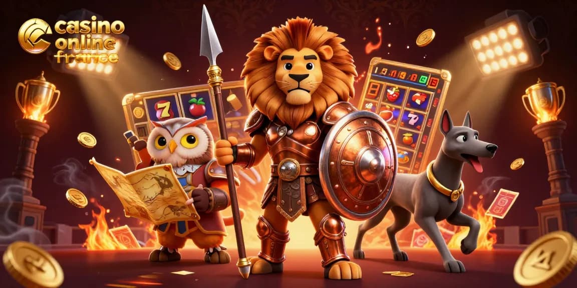 Illustration colorée et animée représentant le lion Spartiates et des éléments de casino, casino online france à l'honneur.