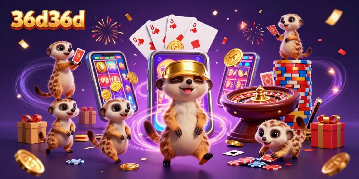 Engage with 36d36d's lively casino scene with meerkats in fun positions and colorful game elements.