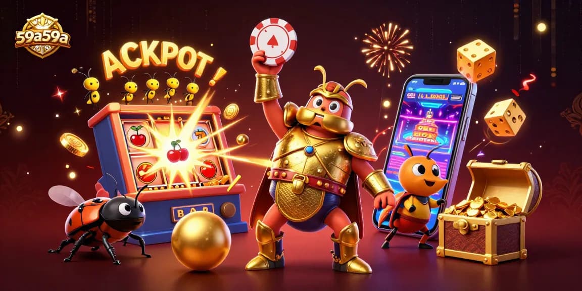 Experience thrilling jackpots with 59a59a in this vibrant 3D casino illustration featuring beetle heroes.