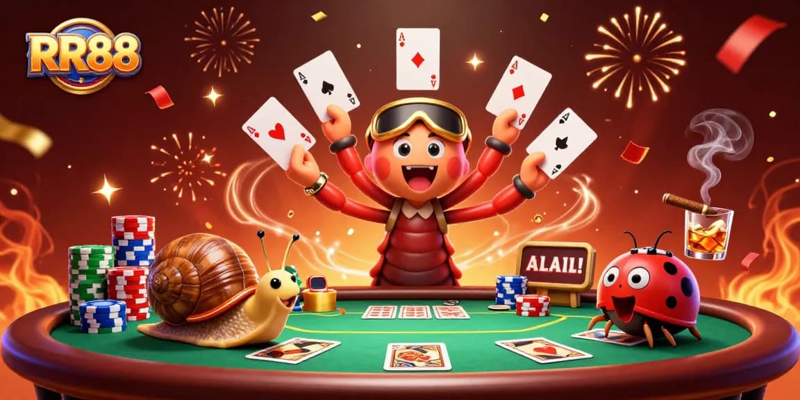 RR88 showcases an exciting casino scene with a millipede dealer and high-roller snail.
