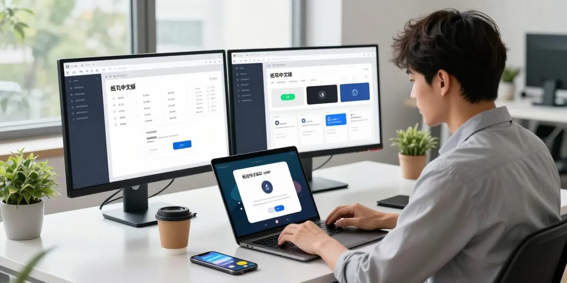 Professional using the 纸飞机中文版 app in a modern tech workspace with dual monitors.