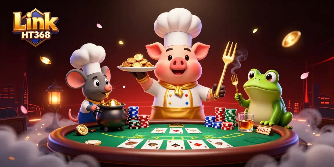 Engaging Link HT368 scene featuring a chef pig, sous-chef mouse, and a frog culinary critic amidst an exciting casino atmosphere.