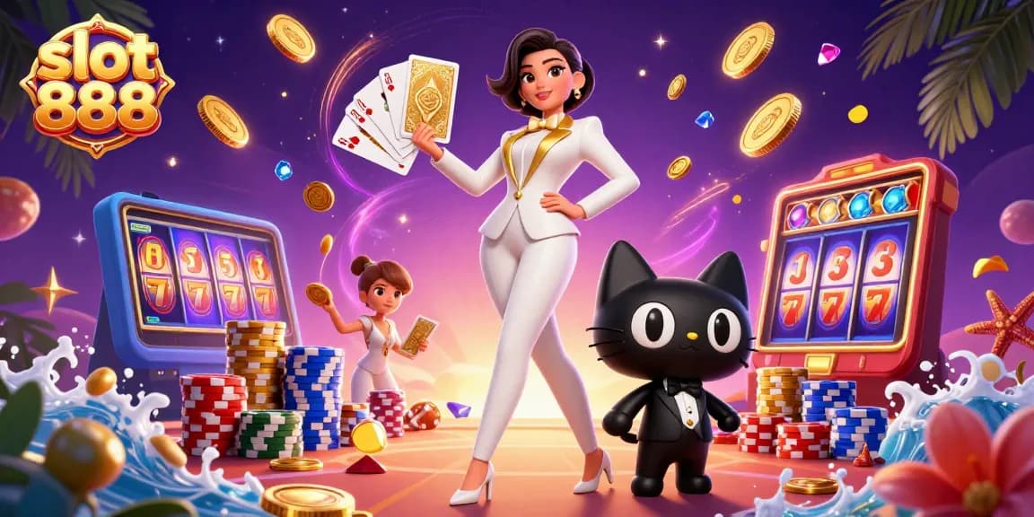 Spin with slot 888 as the glamorous dealer and her cat add excitement to the casino!