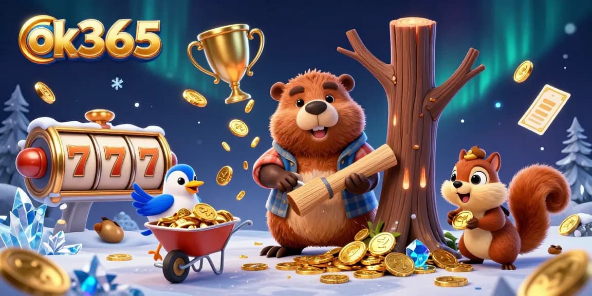Engage with ok365 through vibrant 3D illustration showcasing dynamic casino action and winning themes.