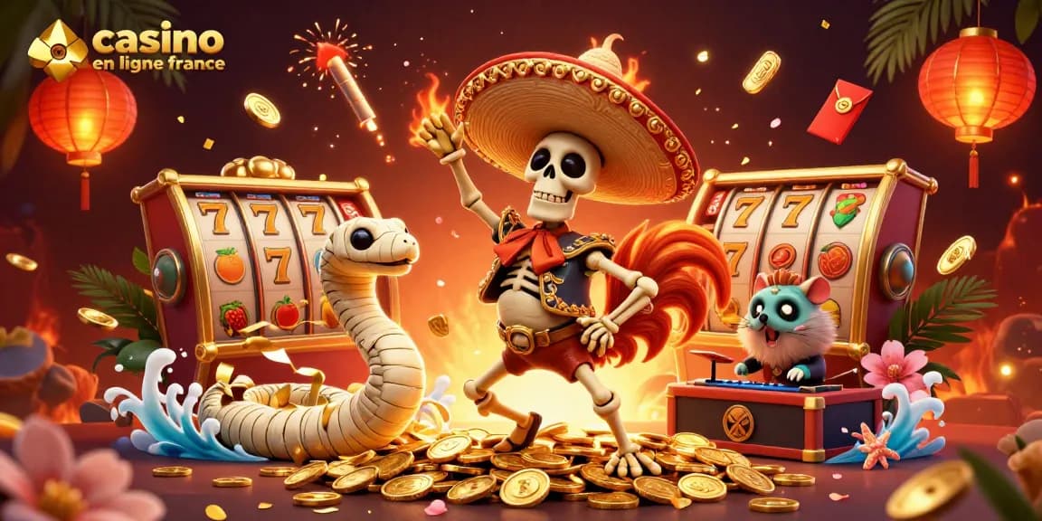 Jouez dans un casino en ligne France avec des personnages vibrants et des éléments de jeu autour d'eux.