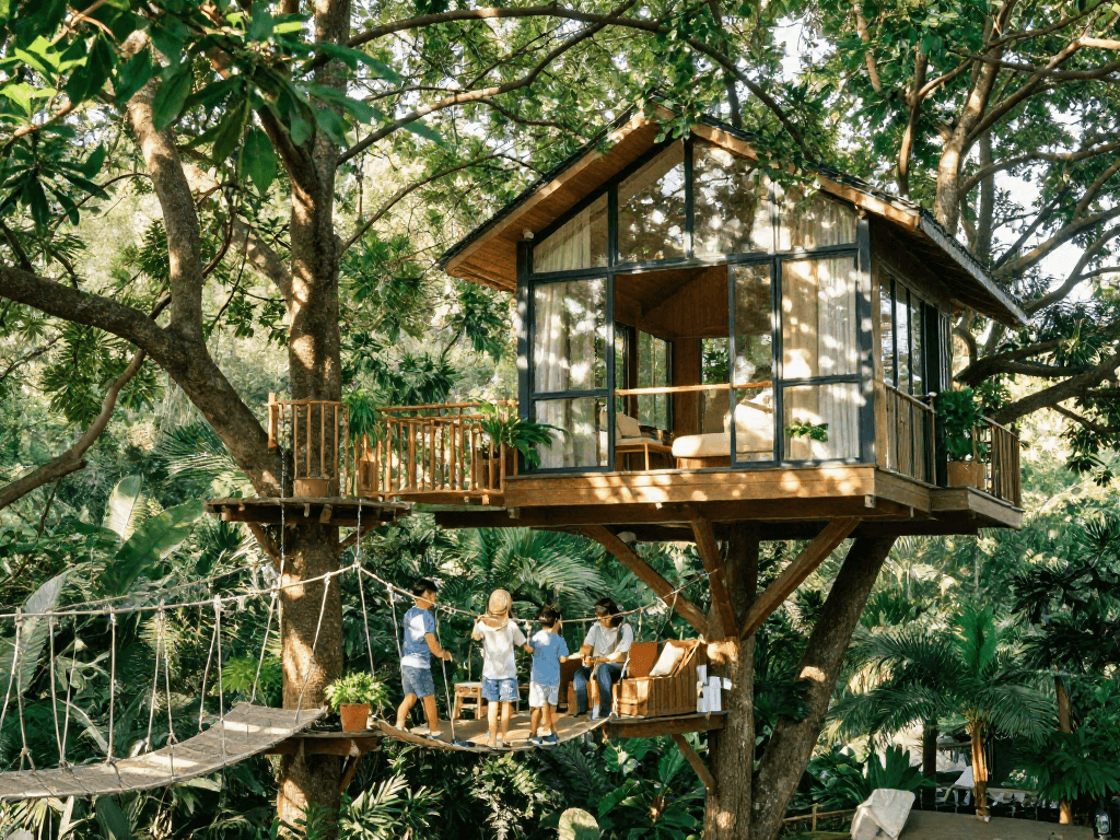 Family enjoying a joyful tree house life in a vibrant outdoor setting with lush foliage.