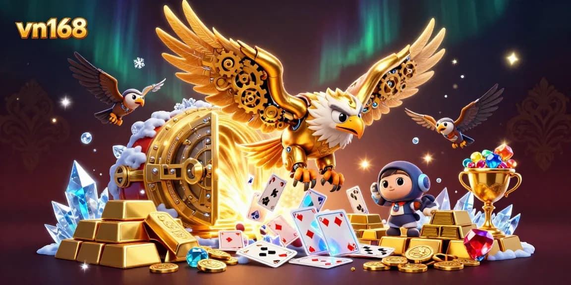 Engage in exciting gambling at vn168 with a dynamic scene of treasure and cybernetic characters.