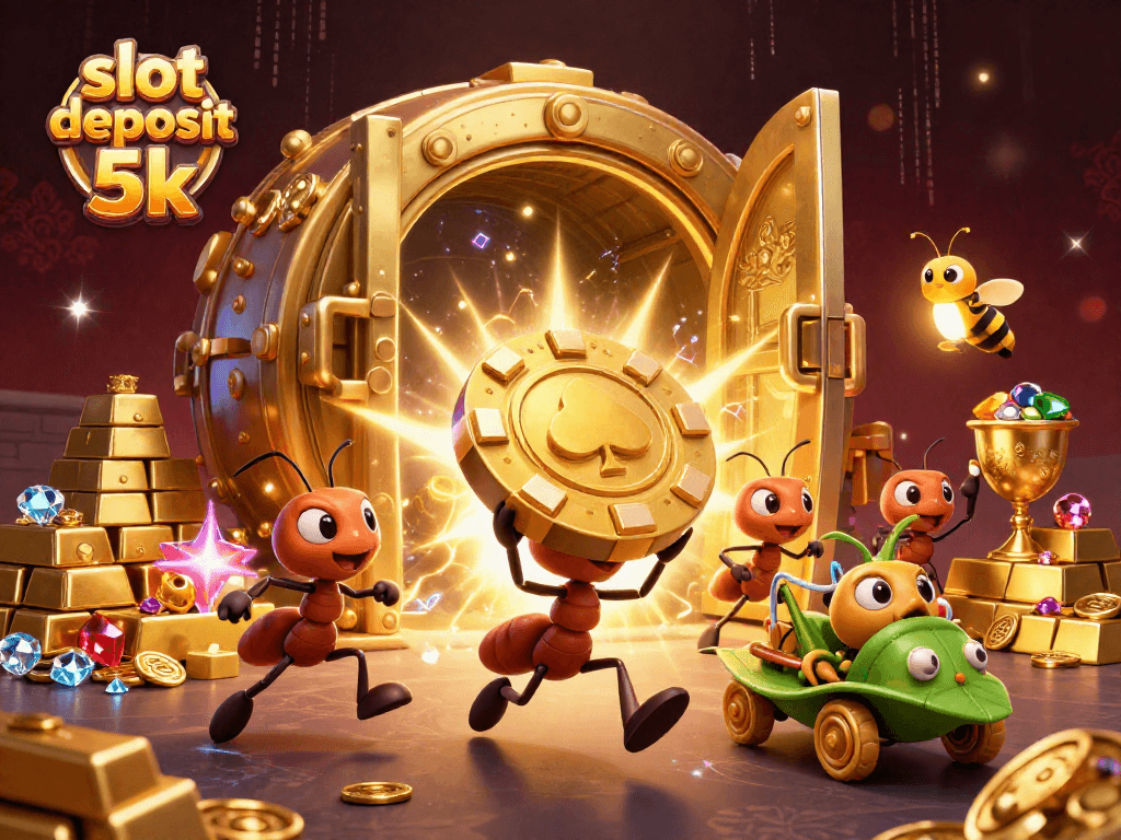 Experience the excitement of slot deposit 5k with playful ants in a vibrant heist scene.