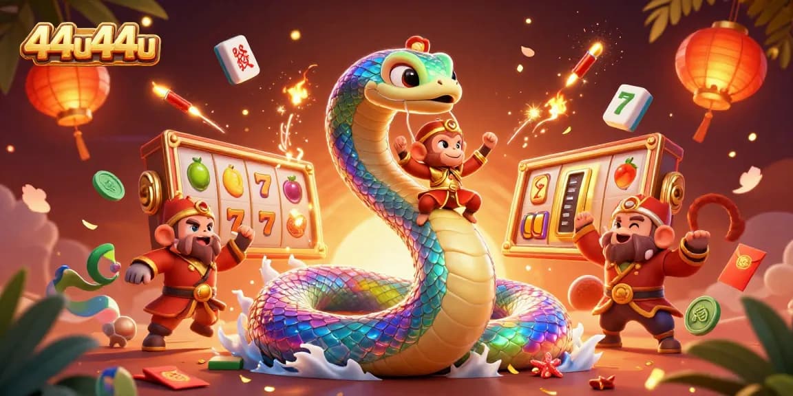 Spin the reels and win big with 44u44u's vibrant casino illustration featuring engaging characters.