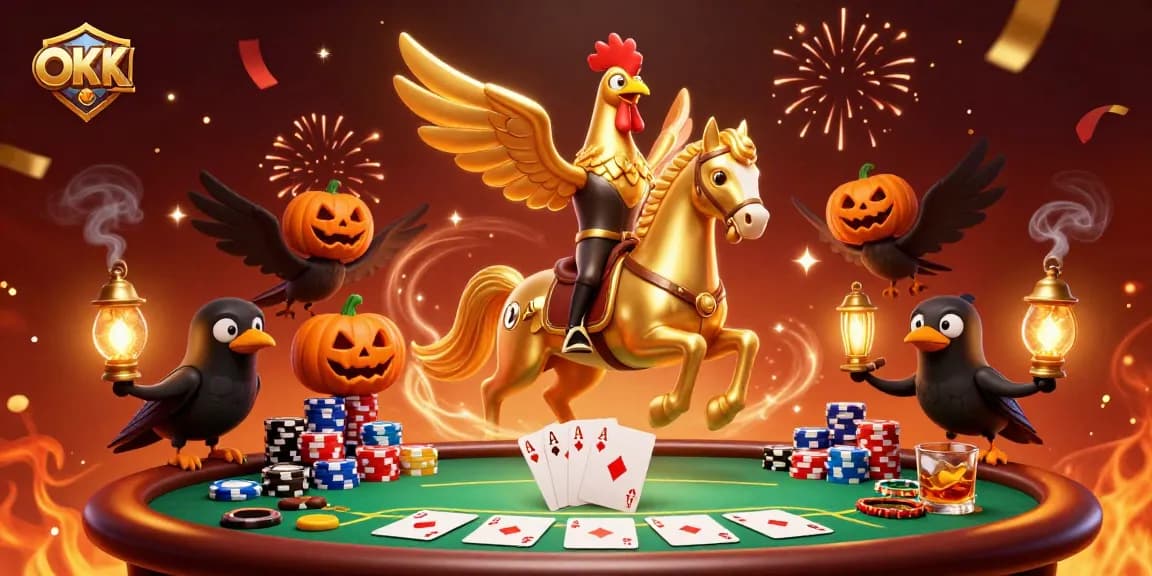 Engage with OKTK in a vibrant casino scene featuring the golden rooster and poker elements.