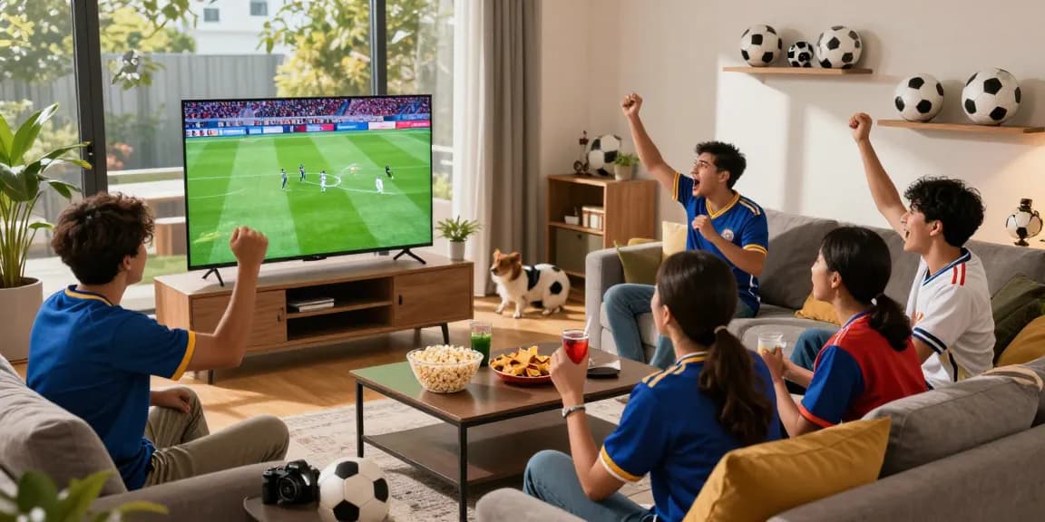 Experience أفضل موقع لمتابعة مباريات اليوم بجودة عالية with friends enjoying a live football match in a vibrant living room atmosphere.