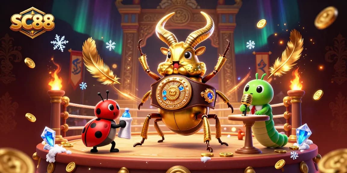 Feel the excitement of SC88 as the giant golden beetle champions the arena, surrounded by dynamic gambling elements.