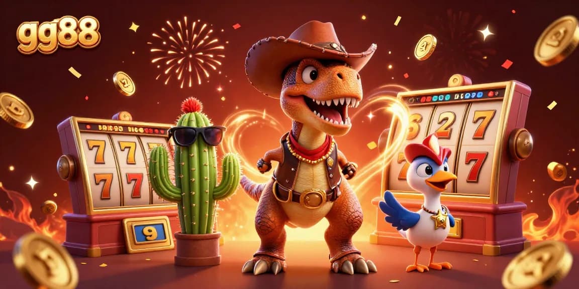 Experience excitement at gg88 with a vibrant 3D casino world, featuring slot reels and festive elements.