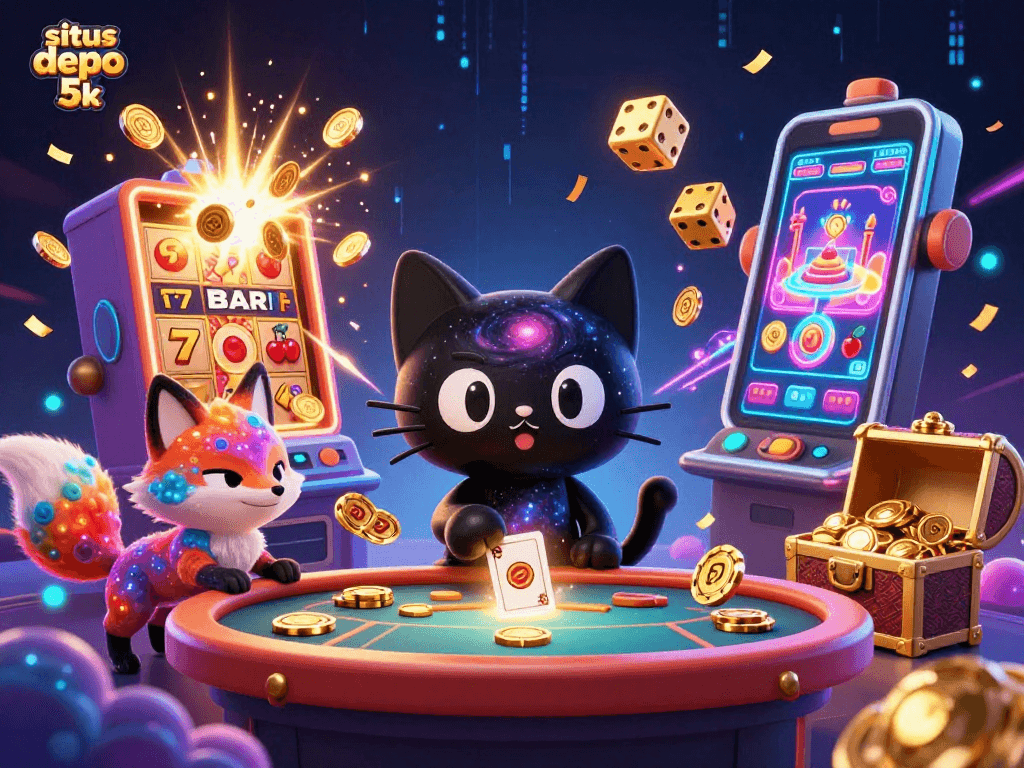 Engage with the dynamic cosmic casino scene showcasing situs depo 5k, featuring characters and vibrant gambling elements.
