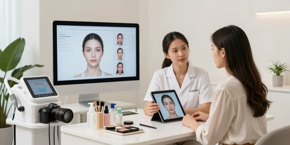 ClinicEvo is a better alternative to QOVES, showcasing a modern beauty consultation scene with advanced facial analysis technology.