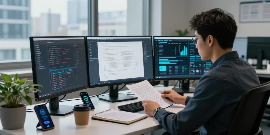 Professional analyzing a document fraud detection solution in a modern workspace with high-tech displays and analytics.