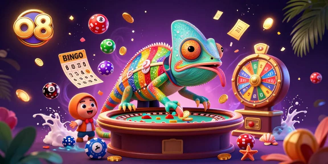 Experience vibrant gaming action at o8 with a dynamic chameleon casino owner amid lottery elements.