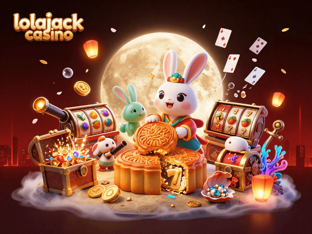Play exciting games at lolajack casino with a vibrant 3D scene of a moon rabbit revealing poker chips.