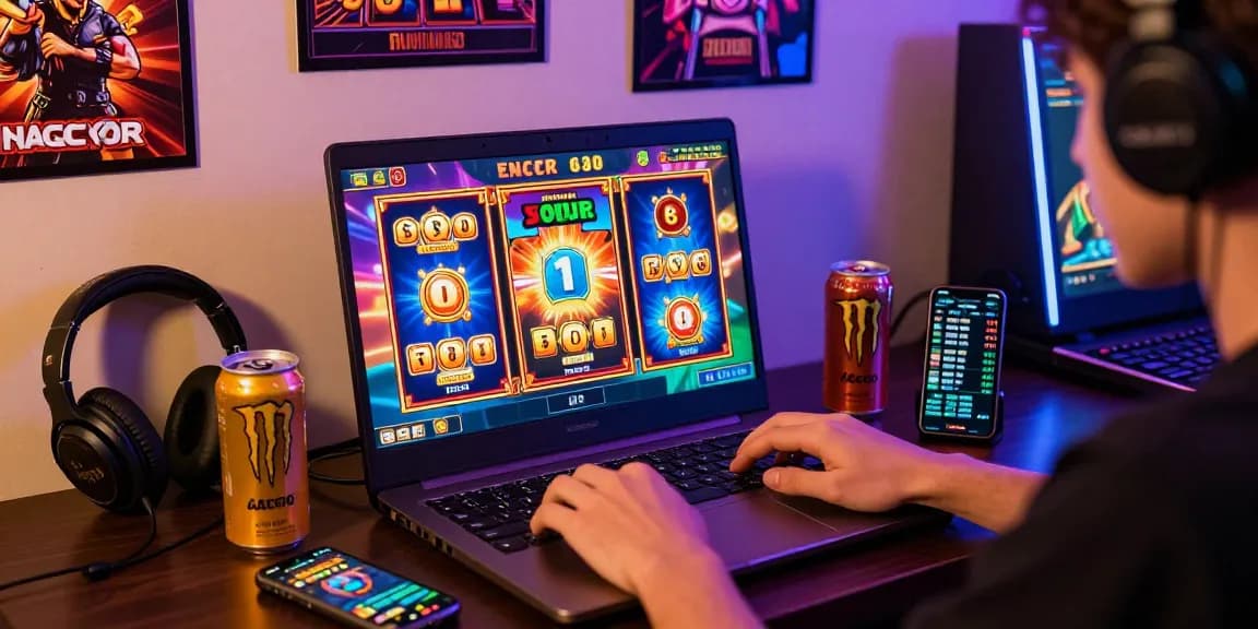 Exciting online gaming scene featuring a laptop with slot gacor games, colorful graphics, and engaging atmosphere.