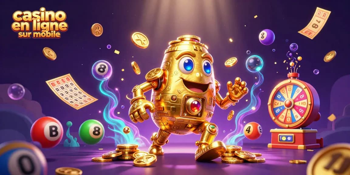 Profitez de la chance avec casino en ligne sur mobile, entouré de symboles et objets de jeu colorés.