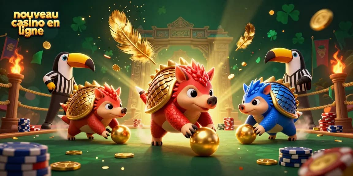Page dédiée au nouveau casino en ligne avec des pangolins rivalisant dans une ambiance festive.