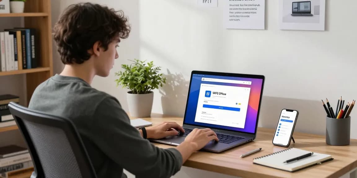 WPS Download setup in a stylish home office with a laptop displaying the software interface.