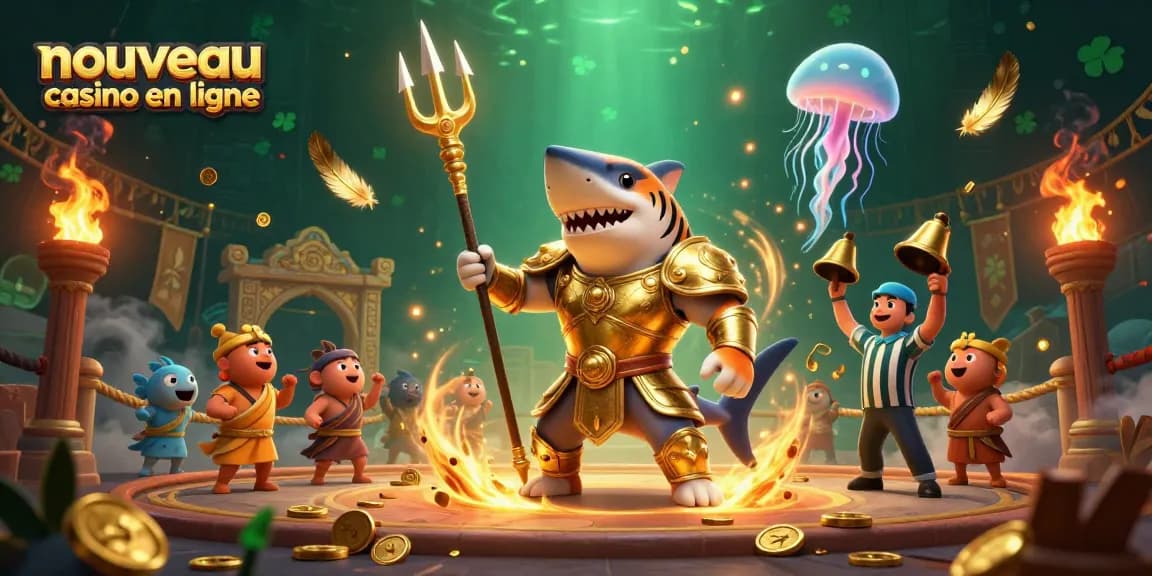 Illustration dynamique d'un requin tigre en armure avec trident dans un nouveau casino en ligne, avec des poissons à toges.