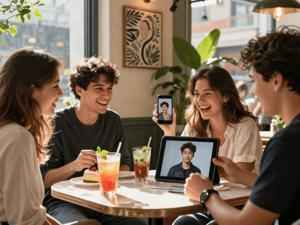 Friends exploring the celebrity i look like app results at a café, showcasing laughter and engagement.