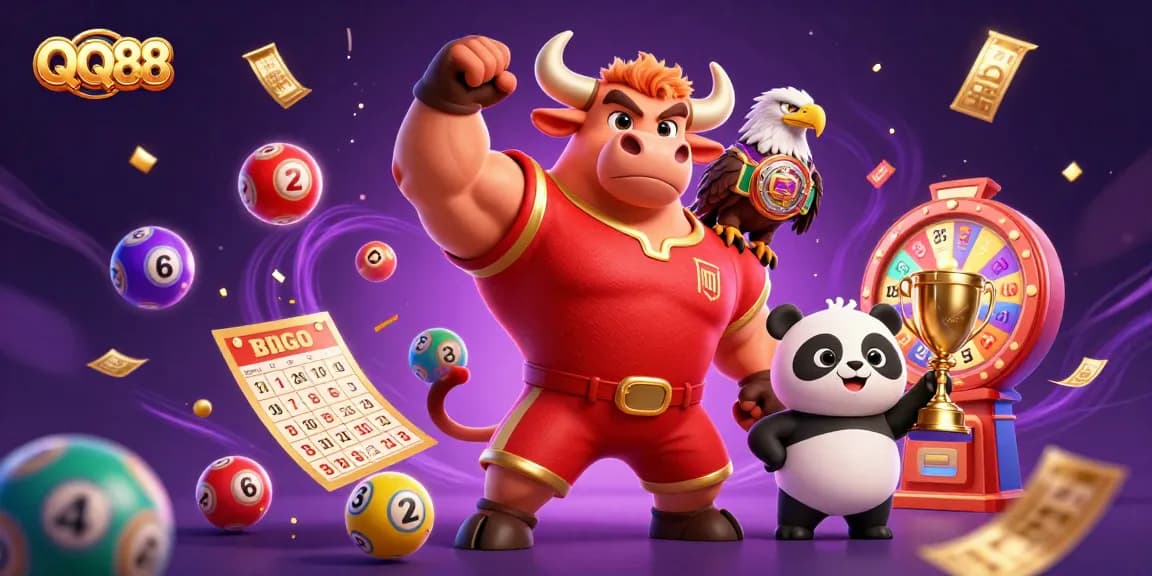 Experience the excitement at QQ88 with vibrant gaming elements, including trophies and colorful lottery balls.