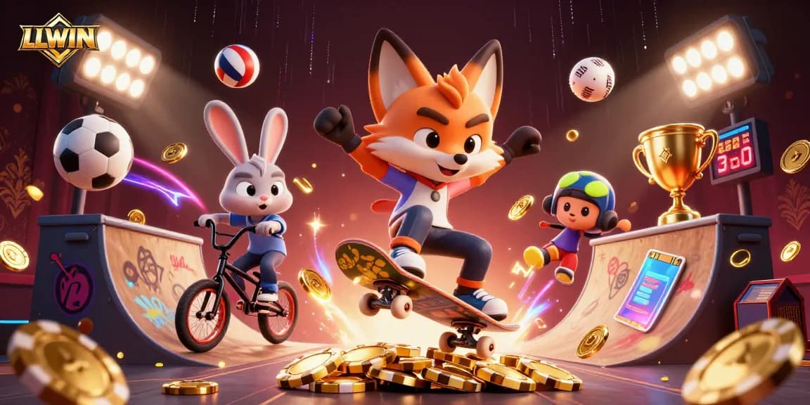 LLWIN platform showcases thrilling gaming moments, featuring a skateboarder fox and BMX rabbit with casino elements.