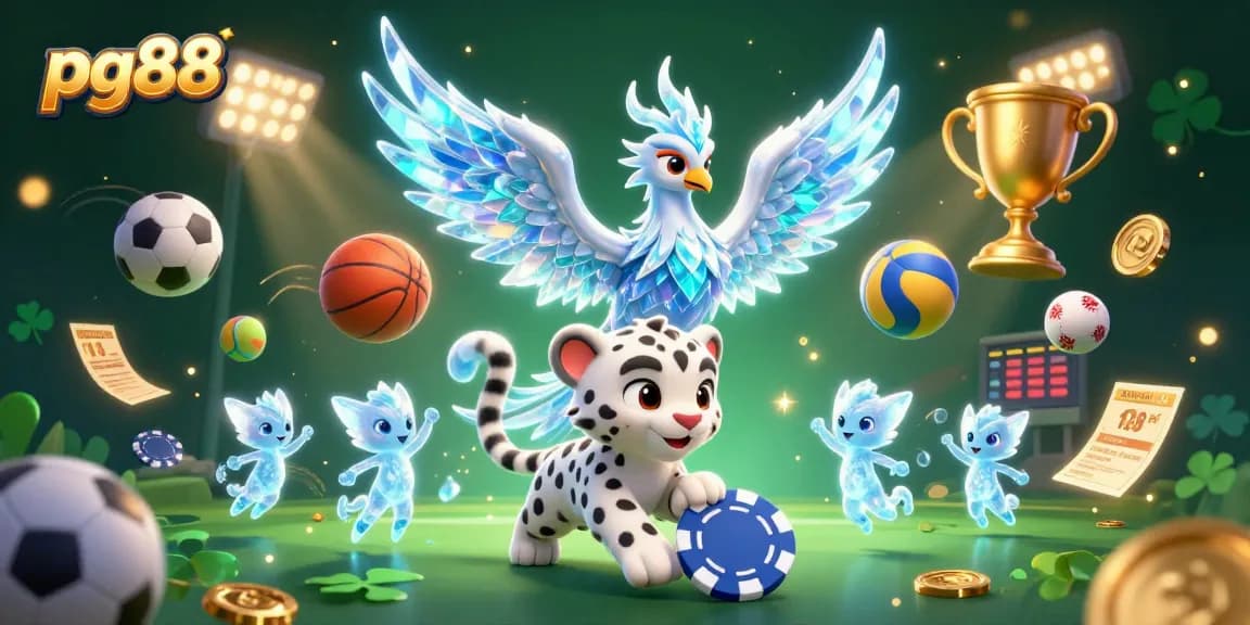 Engage with pg88's immersive gaming worlds featuring an ice phoenix, sports elements, and vibrant colors.