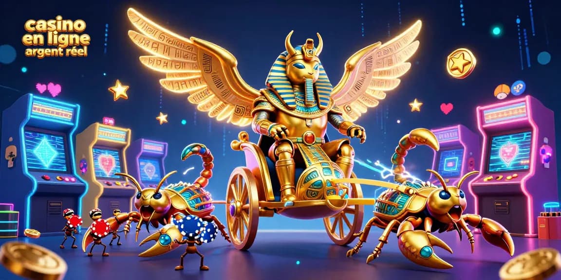 Jouez dans un casino en ligne argent réel avec un scarabée géant et des machines à sous vibrantes.