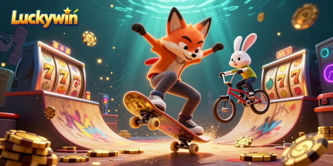 Engage with Luckywin's vibrant 3D scene featuring a skateboarder fox over golden poker chips amid exciting slot machine elements.