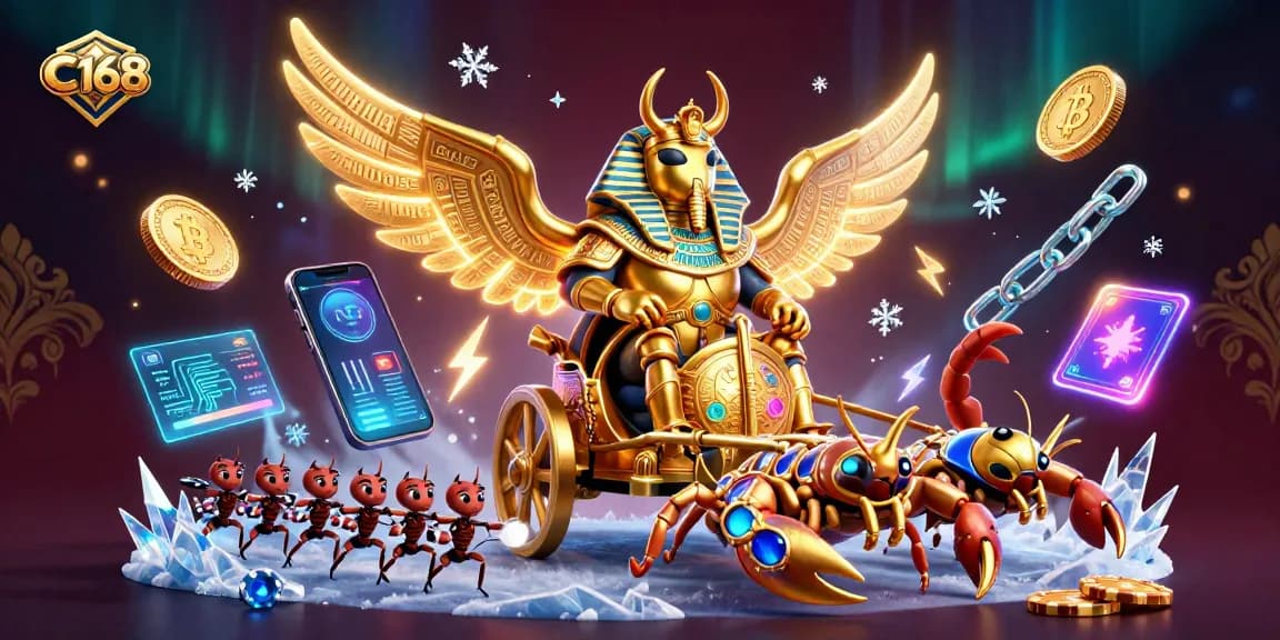 C168 offers a vibrant 3D illustration featuring a golden scarab beetle in a casino setting, showcasing poker and crypto elements.