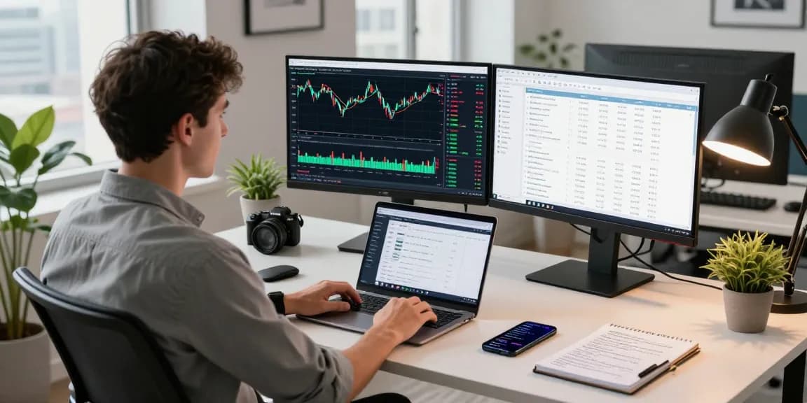 Focused trader using MetaTrader 4 in a modern home office, analyzing live forex charts and orders.