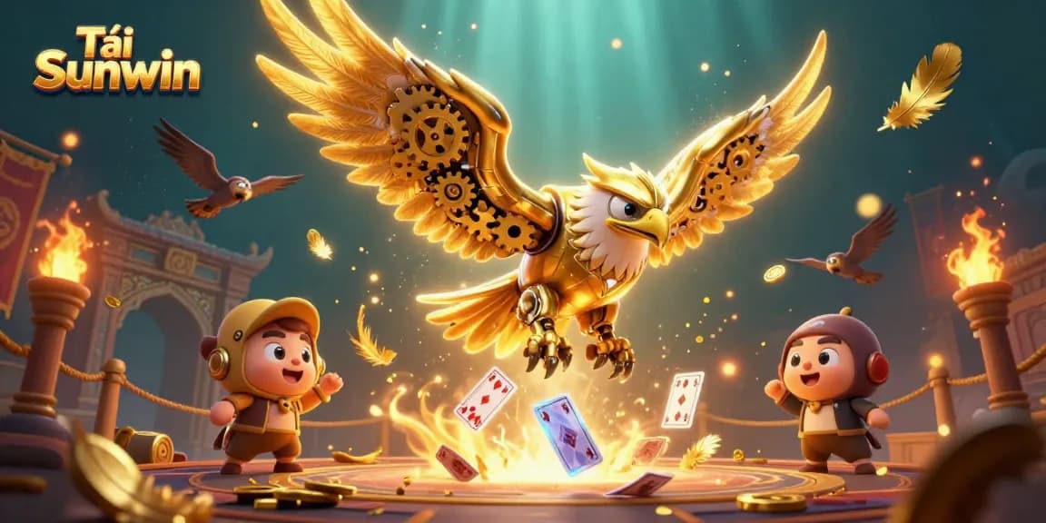 Tải Sunwin showcases a 3D golden eagle amidst flying playing cards, enhancing the online casino experience.