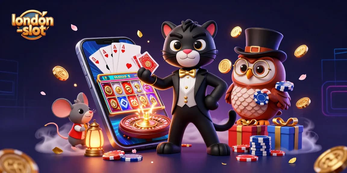 Engage with london-slot's immersive 3D cartoon casino scene featuring a stylish black panther dealing cards.