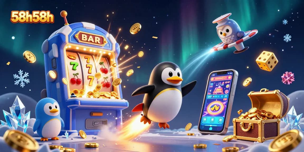 Engage with 58h58h through this vibrant 3D casino illustration featuring a golden penguin and jackpots.