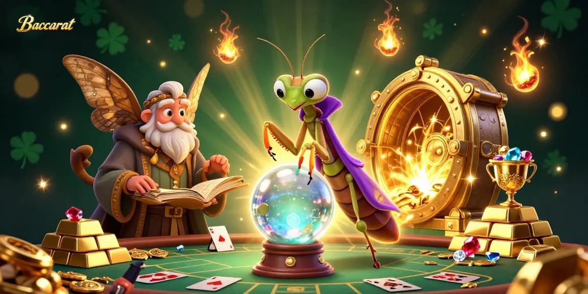 Baccarat game scene featuring a fortune teller and a moth librarian surrounded by magical elements and casino treasures.