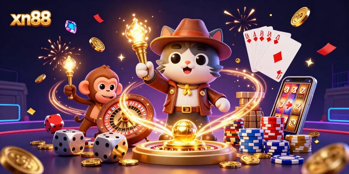 Experience the excitement of xn88 casino adventures with a vibrant scene of an archaeologist cat and treasures.