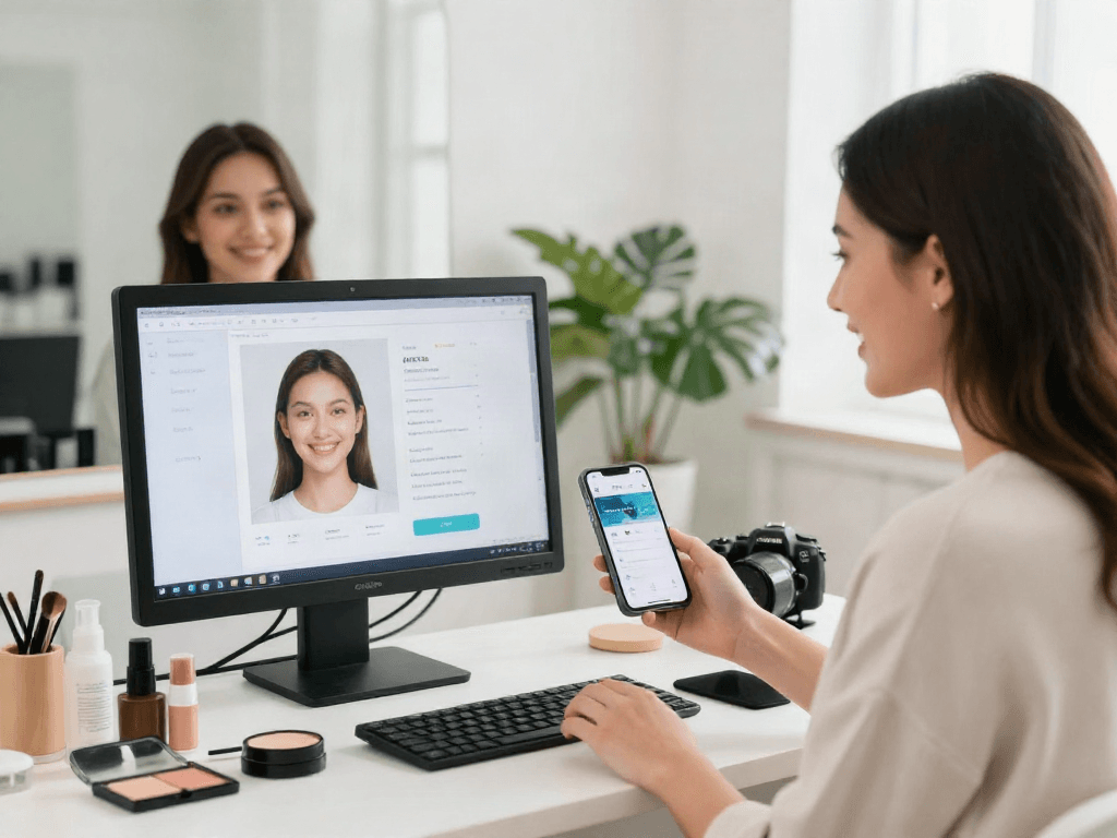 Young woman engaging with a test of attractiveness on a computer screen.