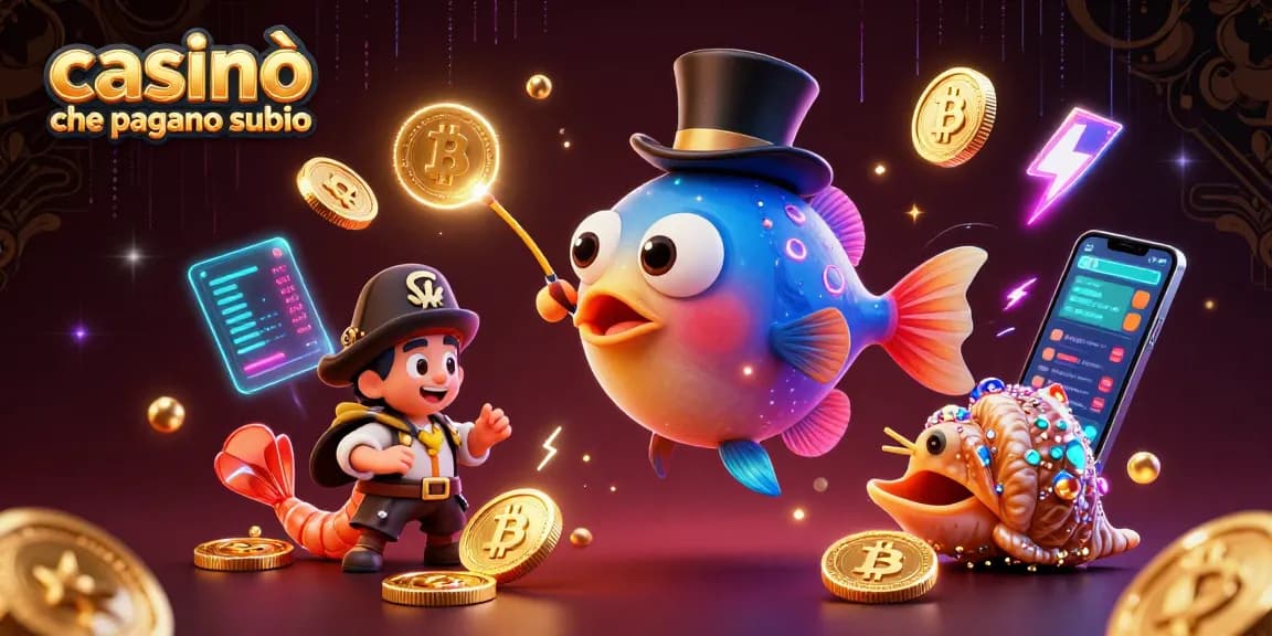 Casinò che pagano subito con prelievi rapidi, illustrati da un pesce persico in un cilindro e monete dorate.