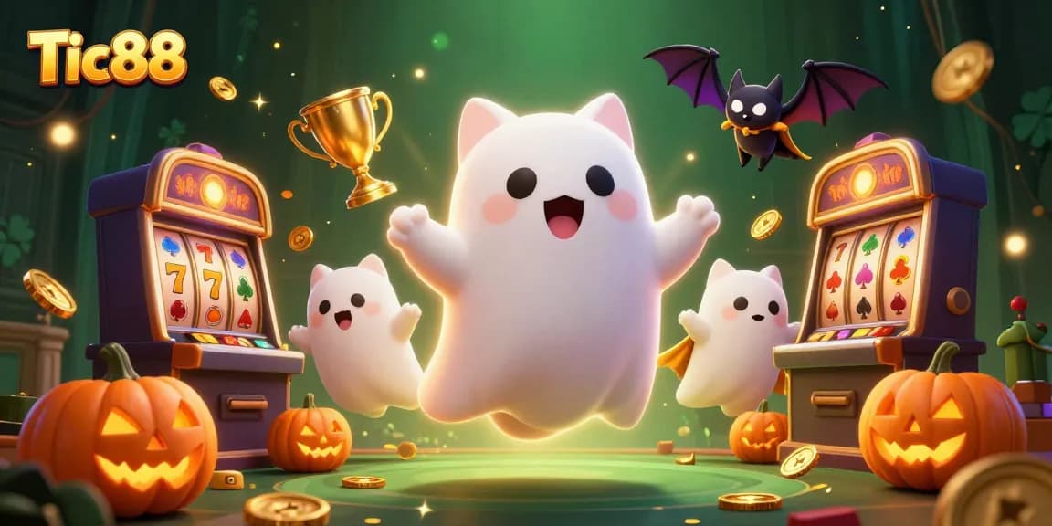Tic88 ghost cat enjoys slot machines in a haunted casino, winning coins and trophies!