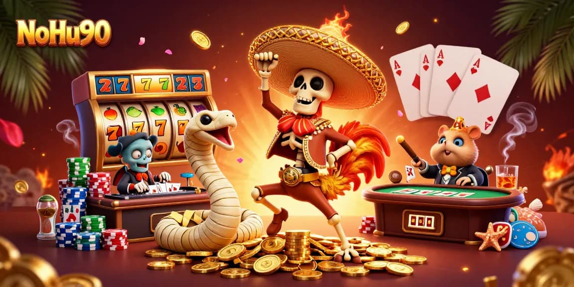 Join the fun at NoHu90 with dynamic characters celebrating on golden coins, showcasing thrilling slot games.