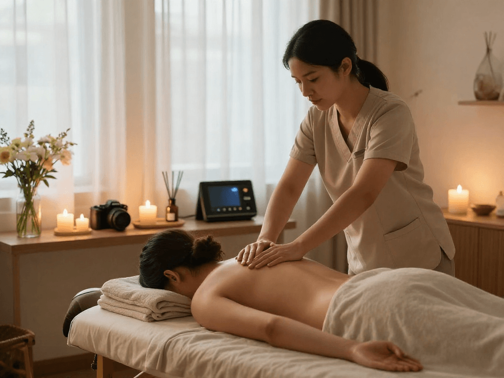 Relaxing 구로출장마사지 session at home, showcasing massage setup and calming ambiance.